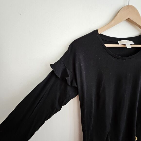 Women's Michael Kors Black Ruffle Long Sleeve Tee,  Size S. Gold Logo - Picture 5 of 7